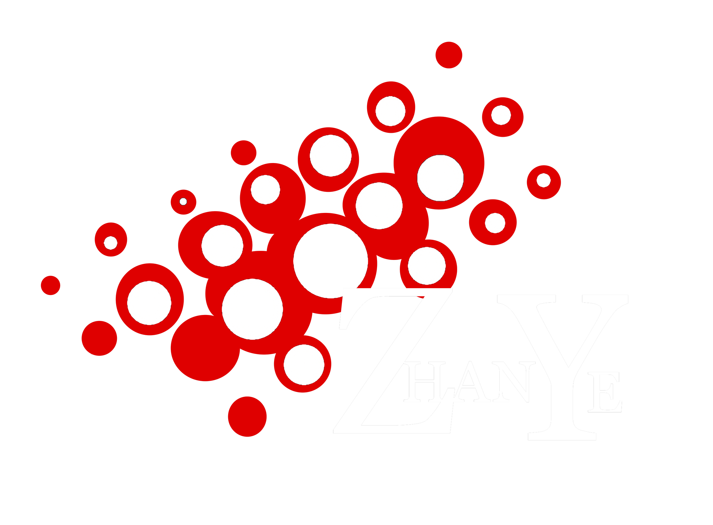 Design featuring many red and white circles, black background, and the text 'ZHANYE' in white.