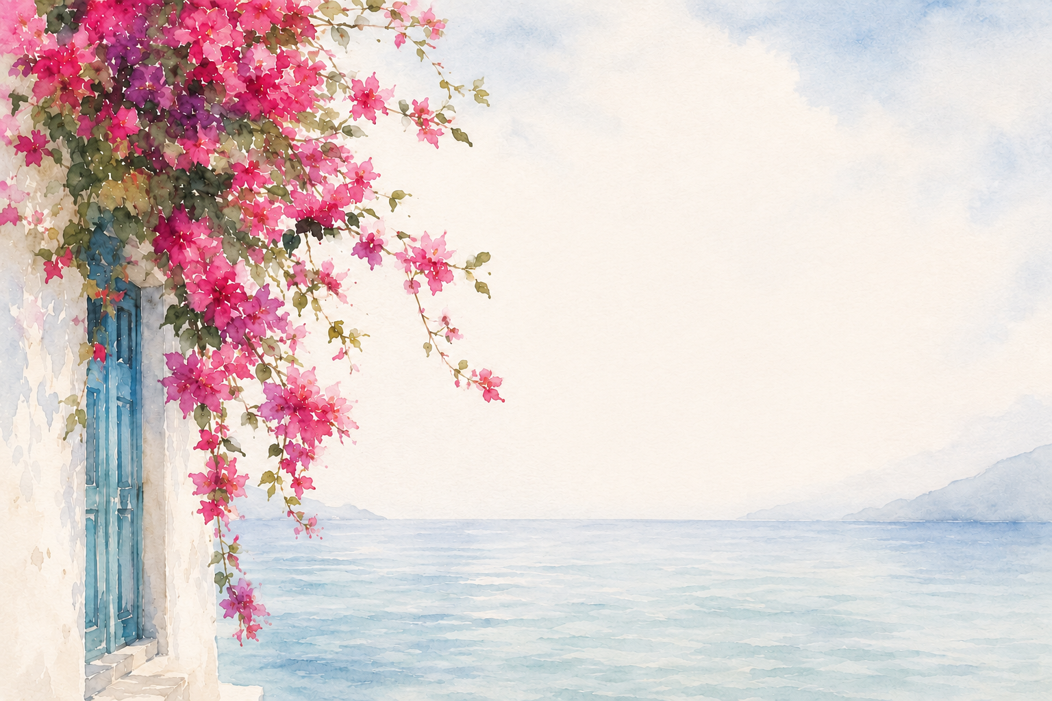 Watercolor painting of a seaside scene with a pink-flowering vine growing on a white wall with a blue window, overlooking calm waters and distant mountains.