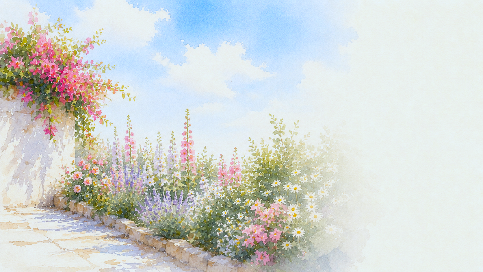 Watercolor painting of a garden with colorful flowers, a stone border, and a blue sky with clouds.