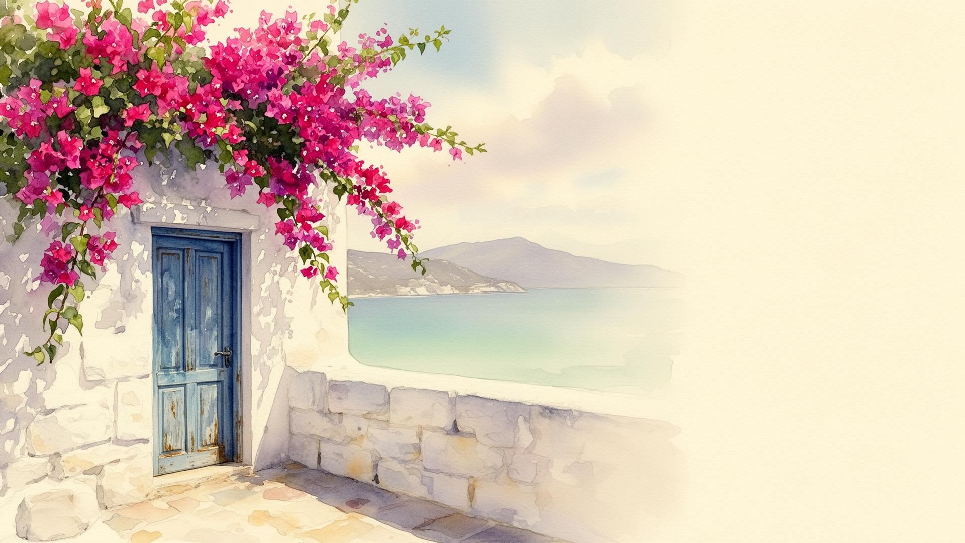 A white building with a blue wooden door, decorated with pink bougainvillea flowers, overlooks a body of water with mountains in the background.