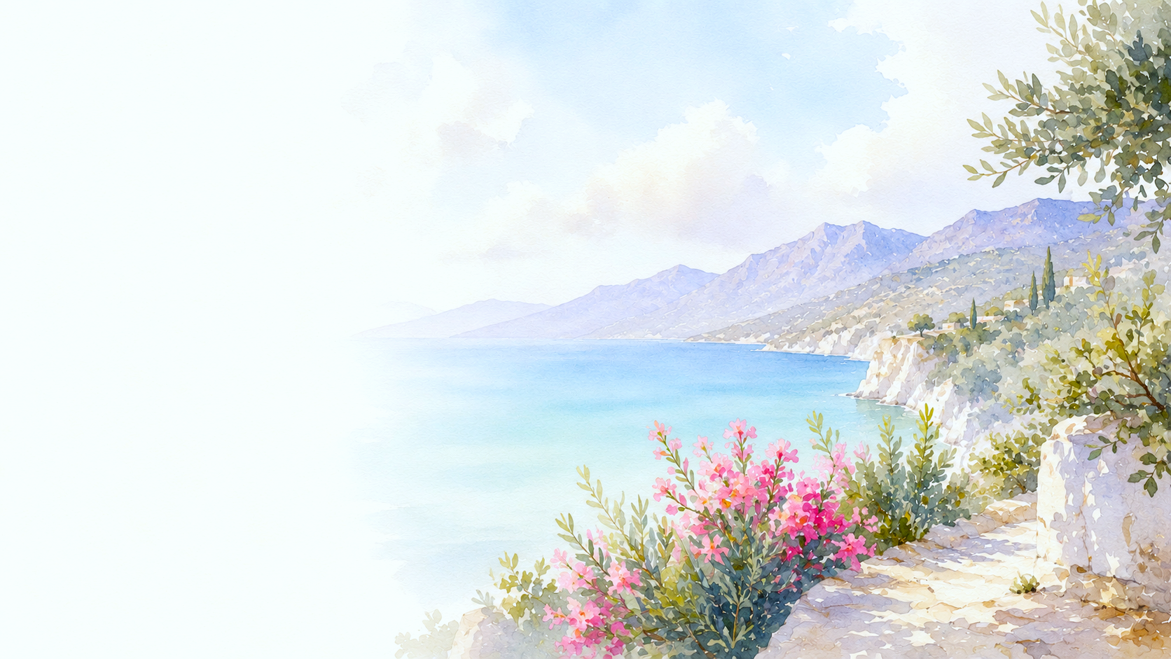 Watercolor painting of a coastal landscape with pink flowering bushes, rocky cliffs, trees, and mountains in the background under a partly cloudy sky.