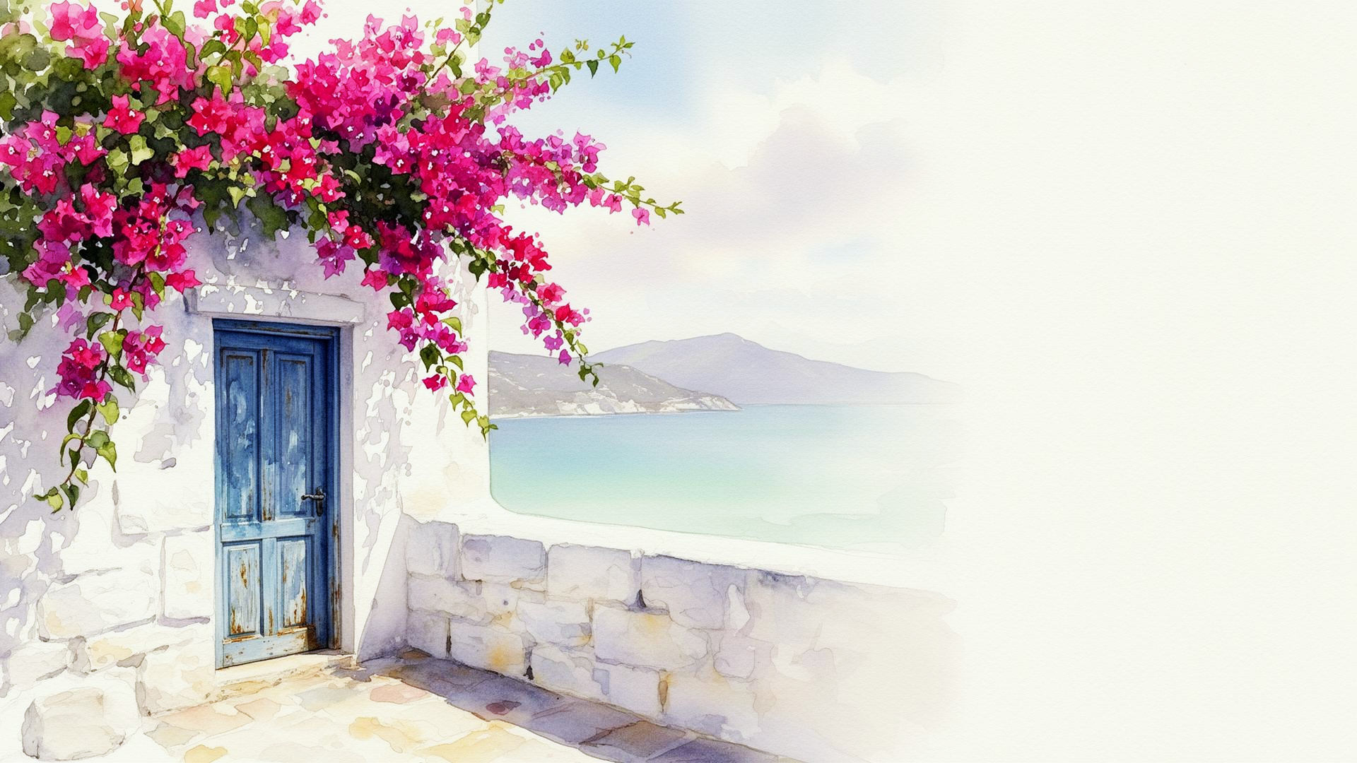 watercolor painting of a white house with a blue door, pink bougainvillea flowers, view of the sea and distant mountains