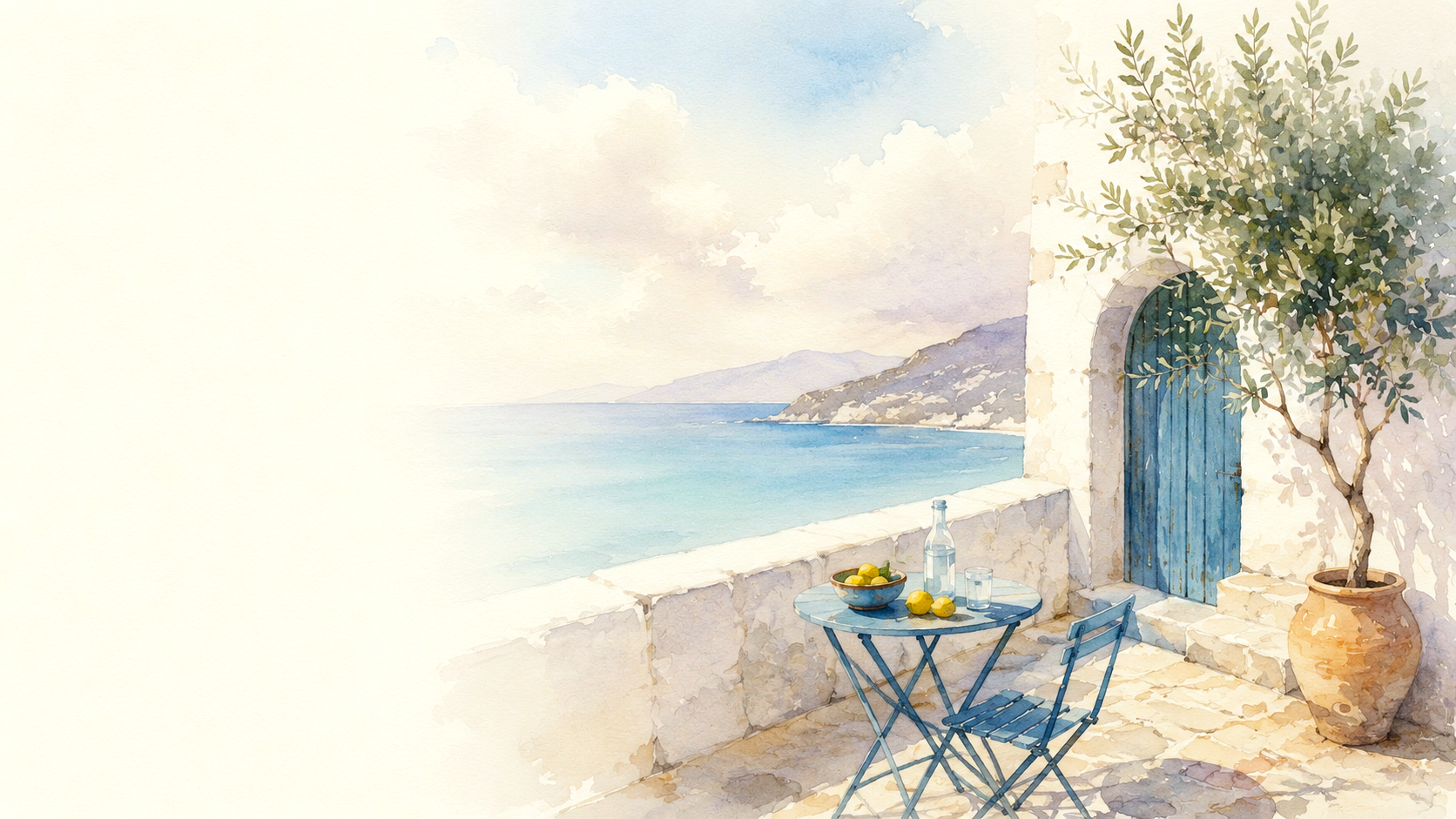 Watercolor painting of a balcony overlooking the sea, with a blue table and chair, a bowl of lemons, a glass bottle, and a potted olive tree beside a blue wooden door.