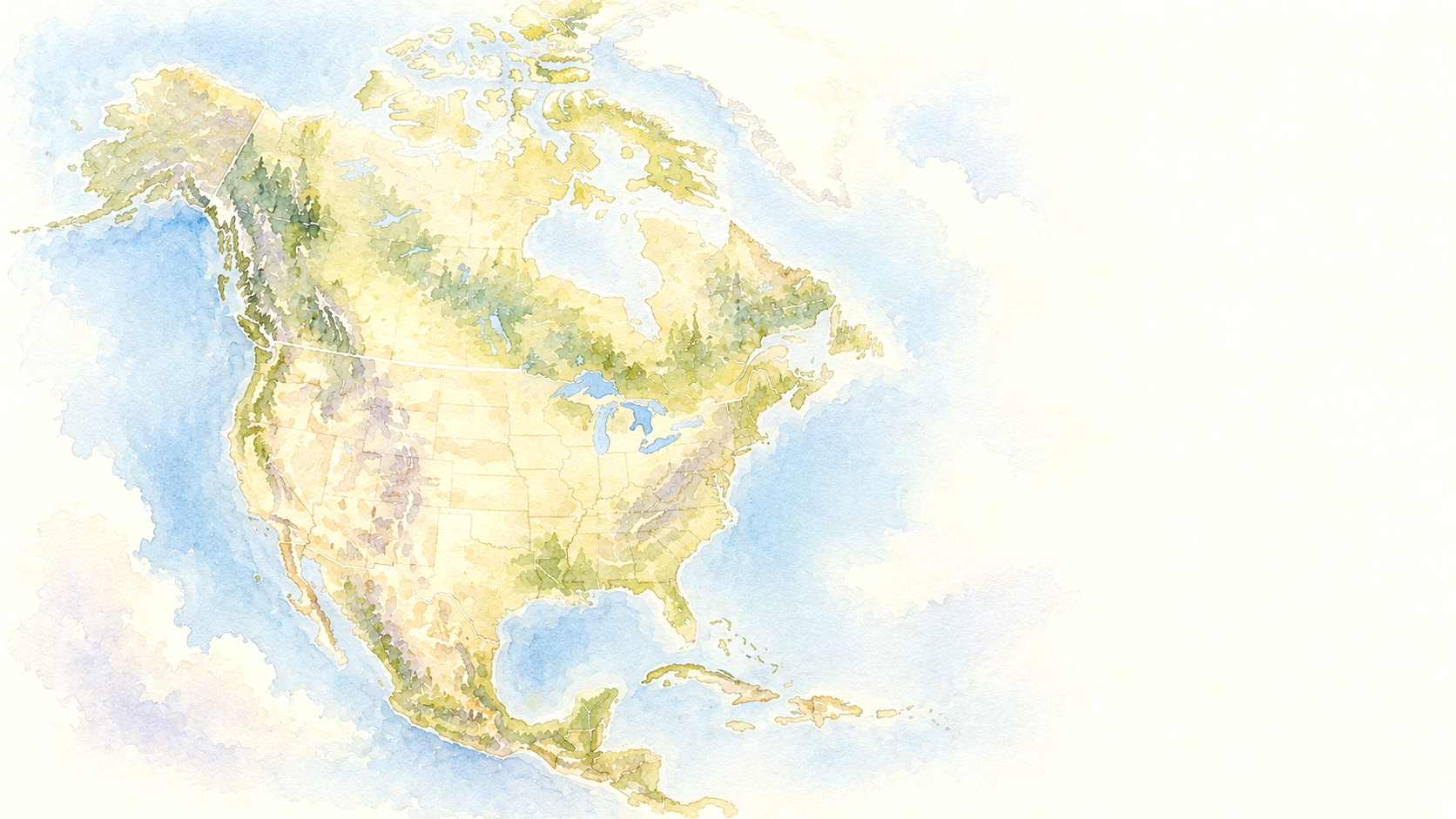 An artistic watercolor map of North America showing countries, bodies of water, and some topographical features.