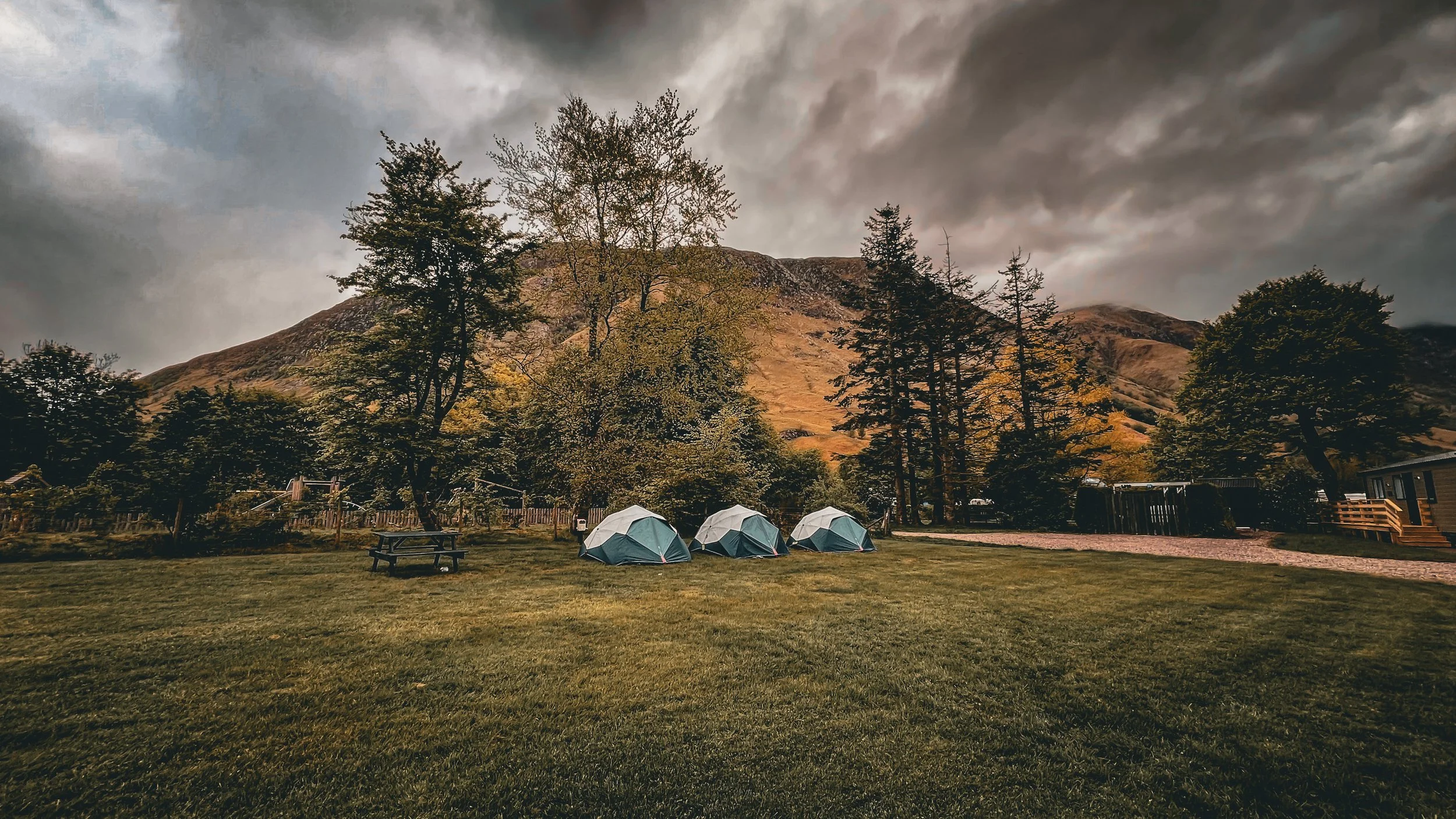 A campsite with four tents set up on a grassy area near trees and a mountain in the background under a cloudy sky.