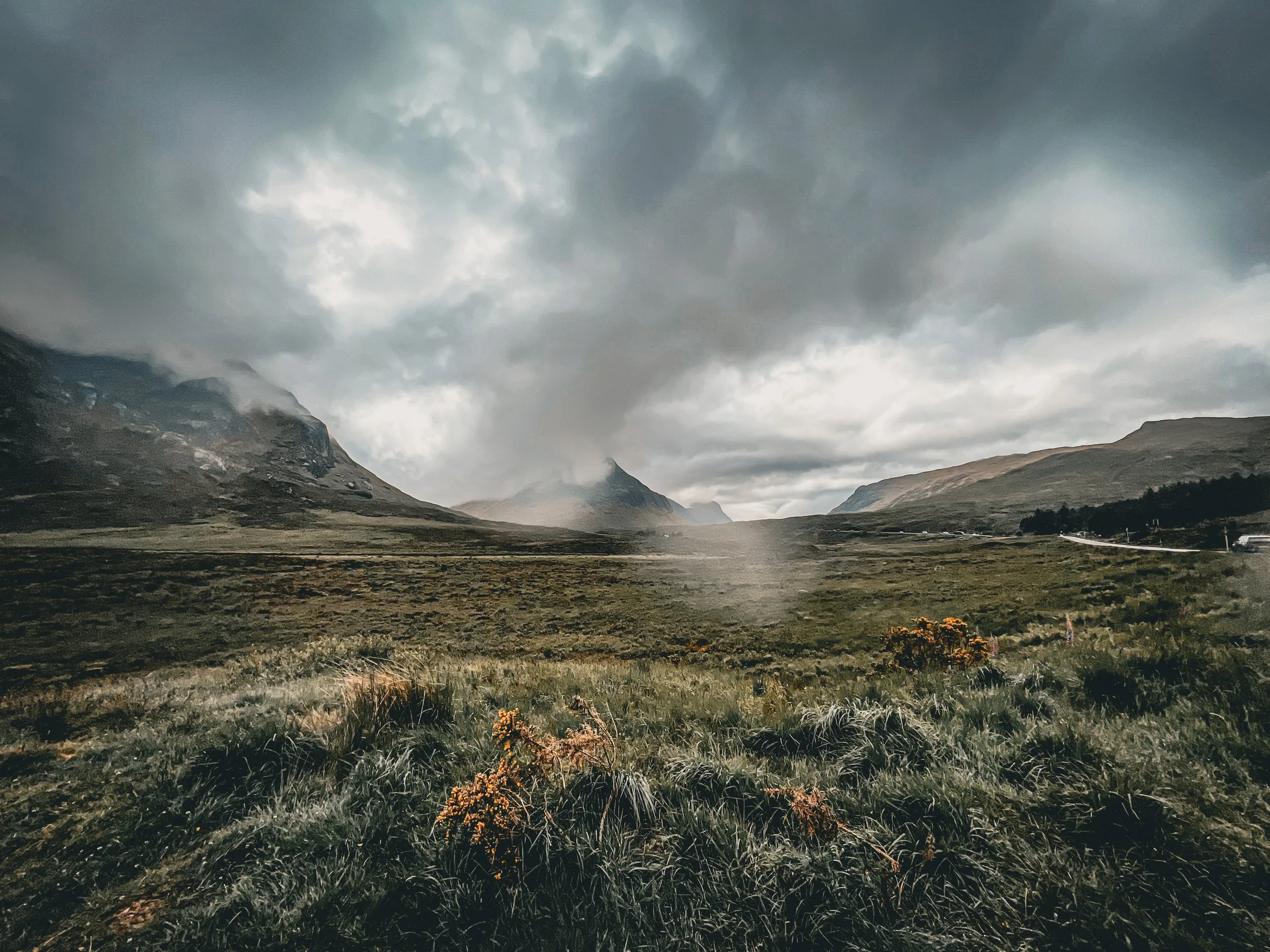 A landscape view of a grassy plain with mountains in the background under a cloudy sky.