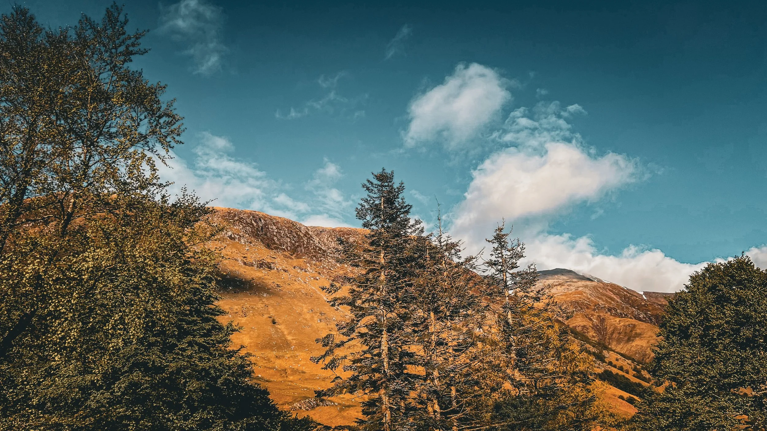 Scenic view of a mountain landscape with trees in the foreground, rocky slopes, and a partly cloudy sky.
