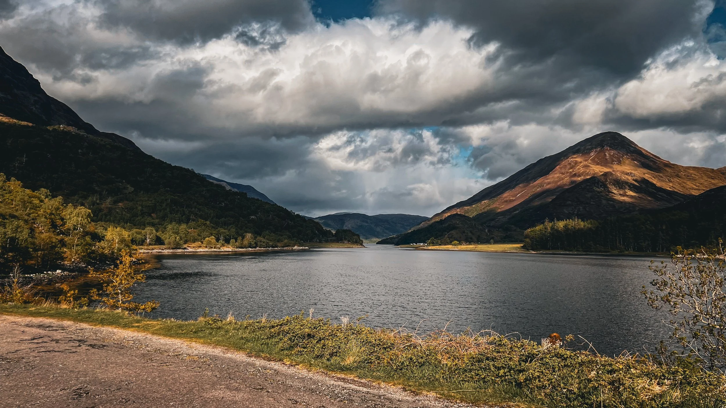 A scenic landscape featuring a lake surrounded by mountains under a cloudy sky, with trees and a grassy shoreline in the foreground.