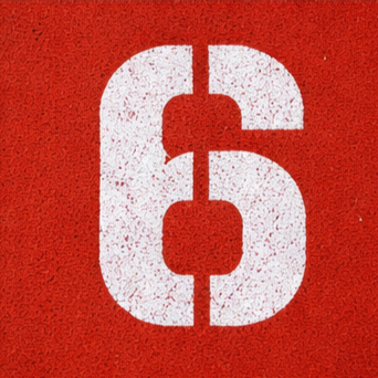 Bold white number 6 on a red background.