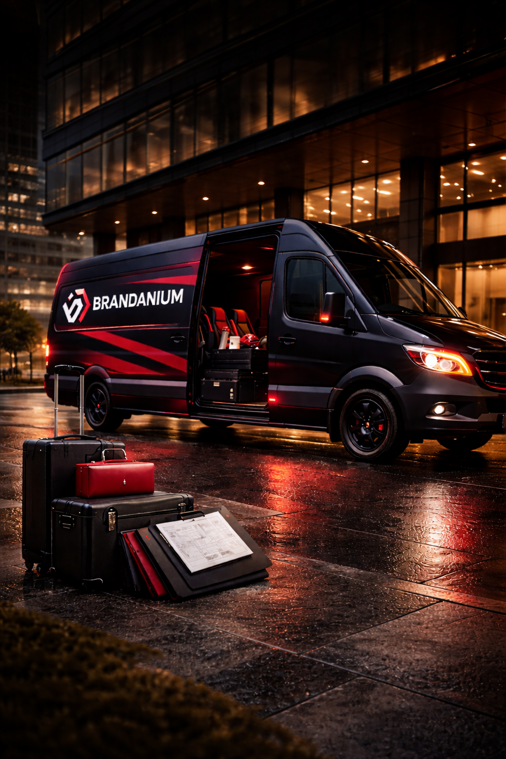 A black company van with the logo 'BRANDANIUM' parked outside a modern office building at night. Suitcases and a workspace folder are on the wet ground near the van.
