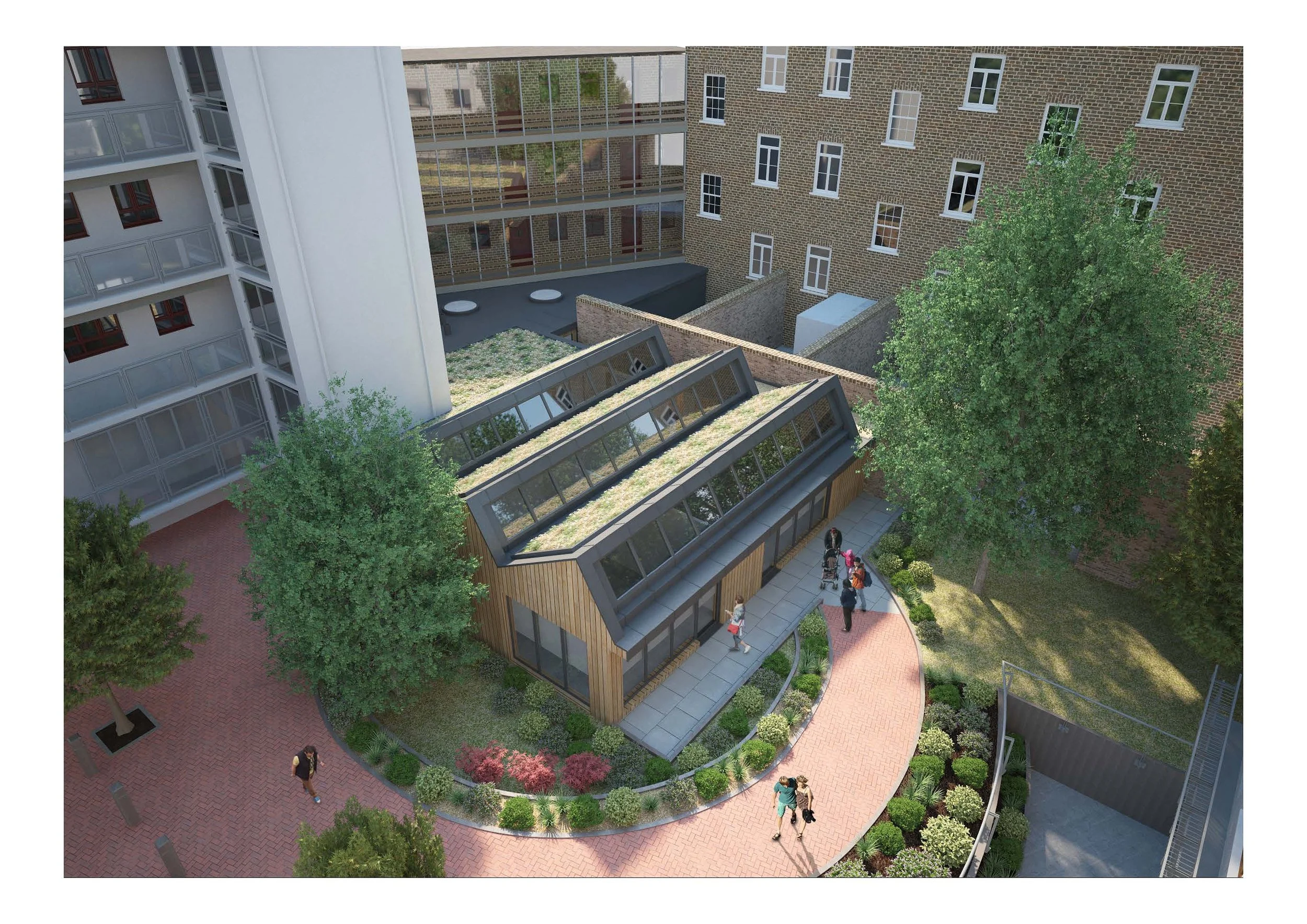 Aerial view of a modern rear extension with ZIG ZAG roof, green roof and timber cladding walls. Kings Cross Community HUB