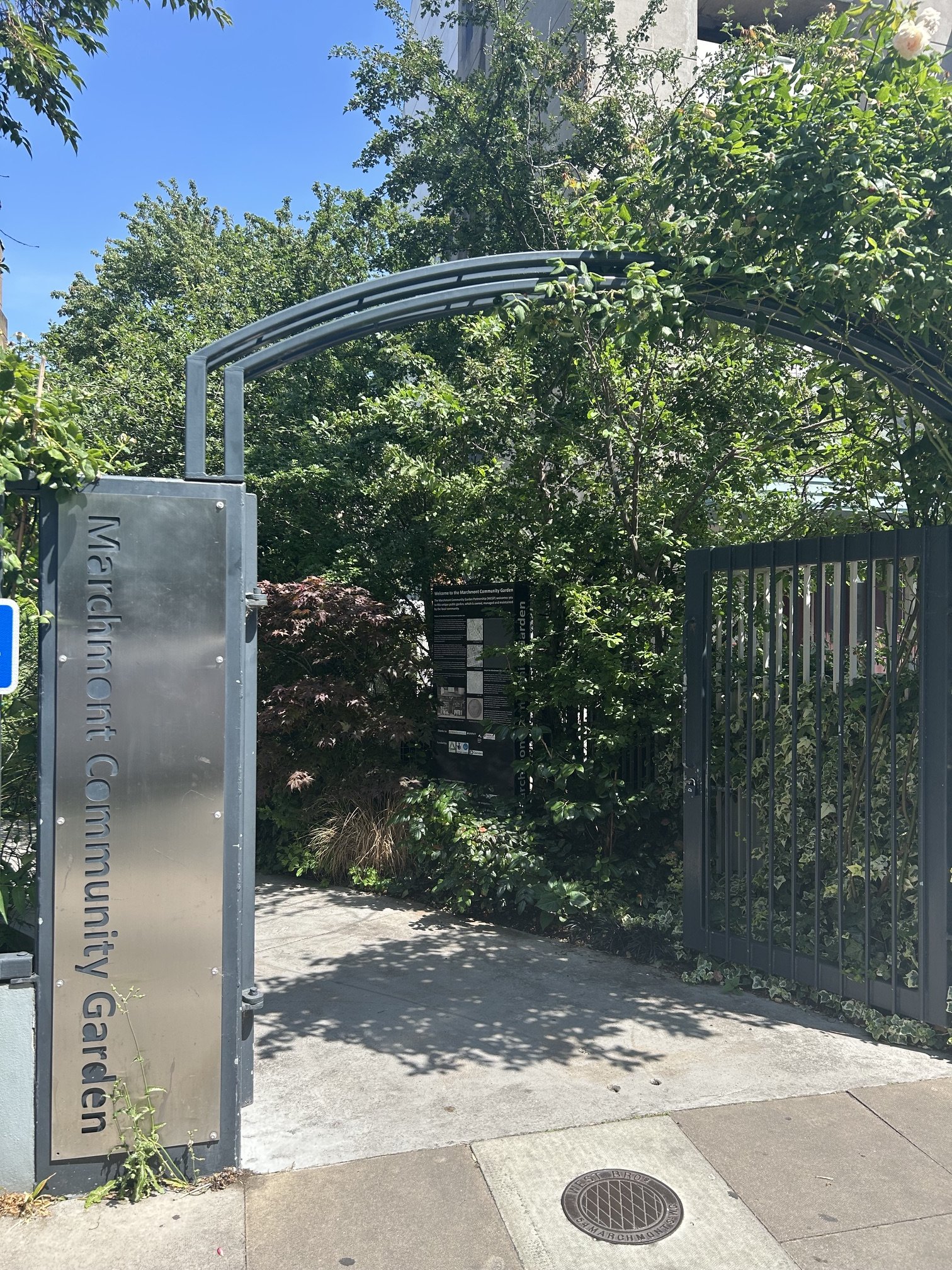 Entrance gate to a community garden with greenery and trees, metal signs, and a sidewalk with a drain cover. Marchmont Street Community Gardens
