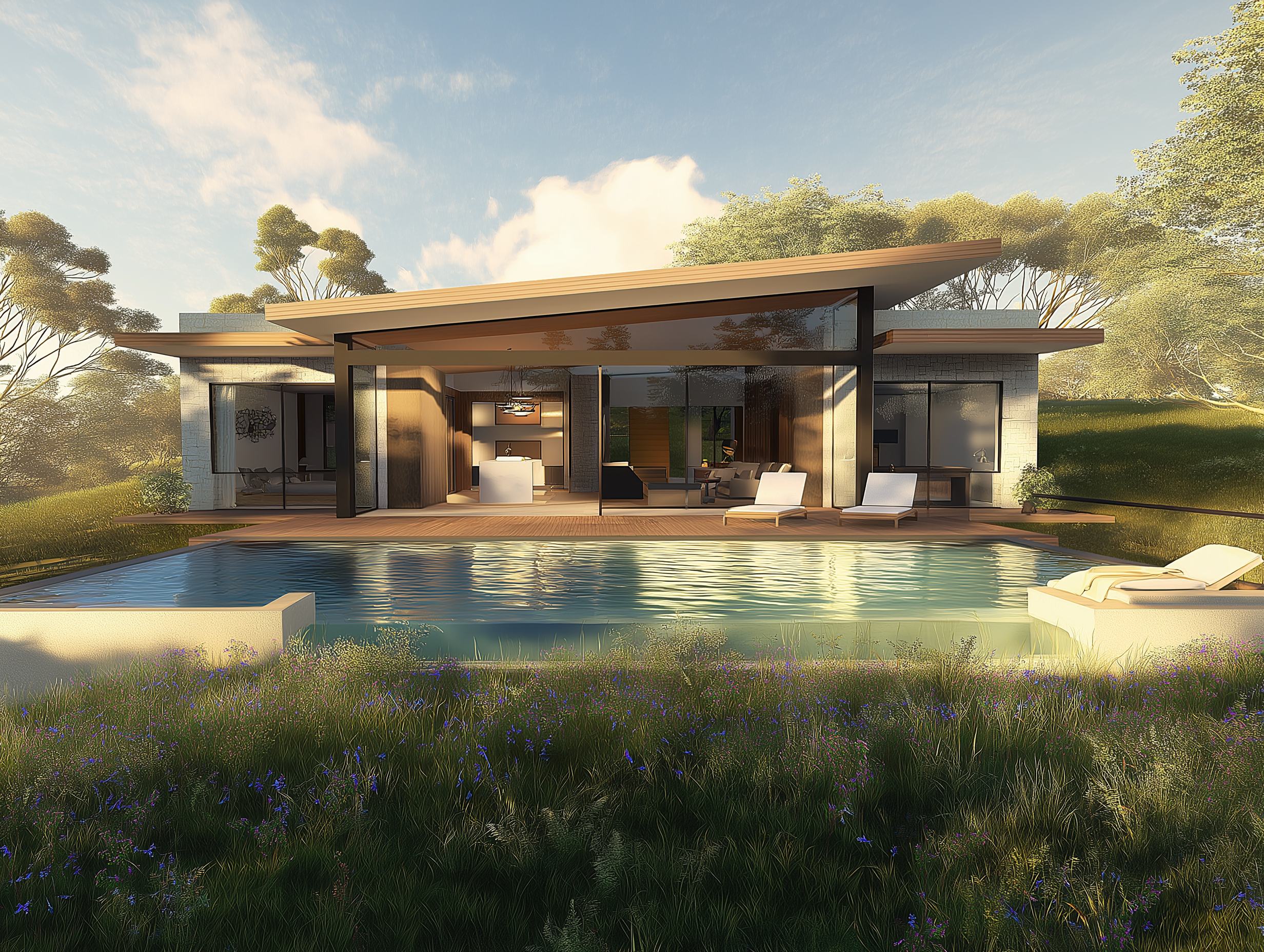 Modern house with large glass windows, an outdoor pool, and a green lawn with trees under a partly cloudy sky during sunset.