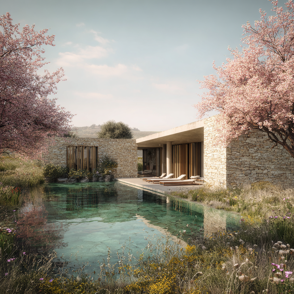 Modern house with stone walls and a flat roof, surrounded by pink blooming trees, sits beside a reflecting pool with lounge chairs on the patio.
