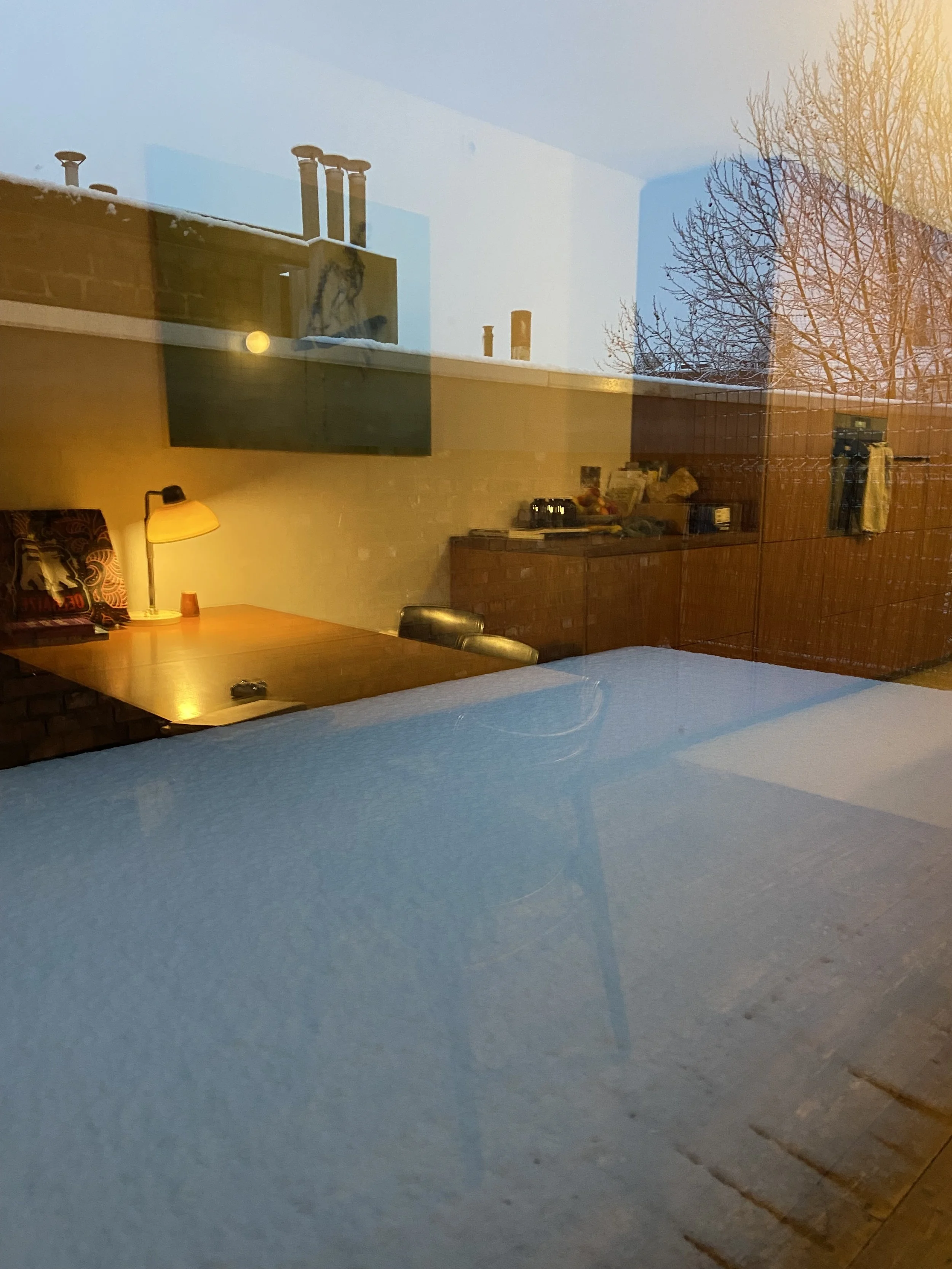 A view through a window showing a snow-covered rooftop with four chimneys, a sign with a wolf drawing, and leafless trees in the background. The interior room has a wooden table with a yellow lamp and some items on it.