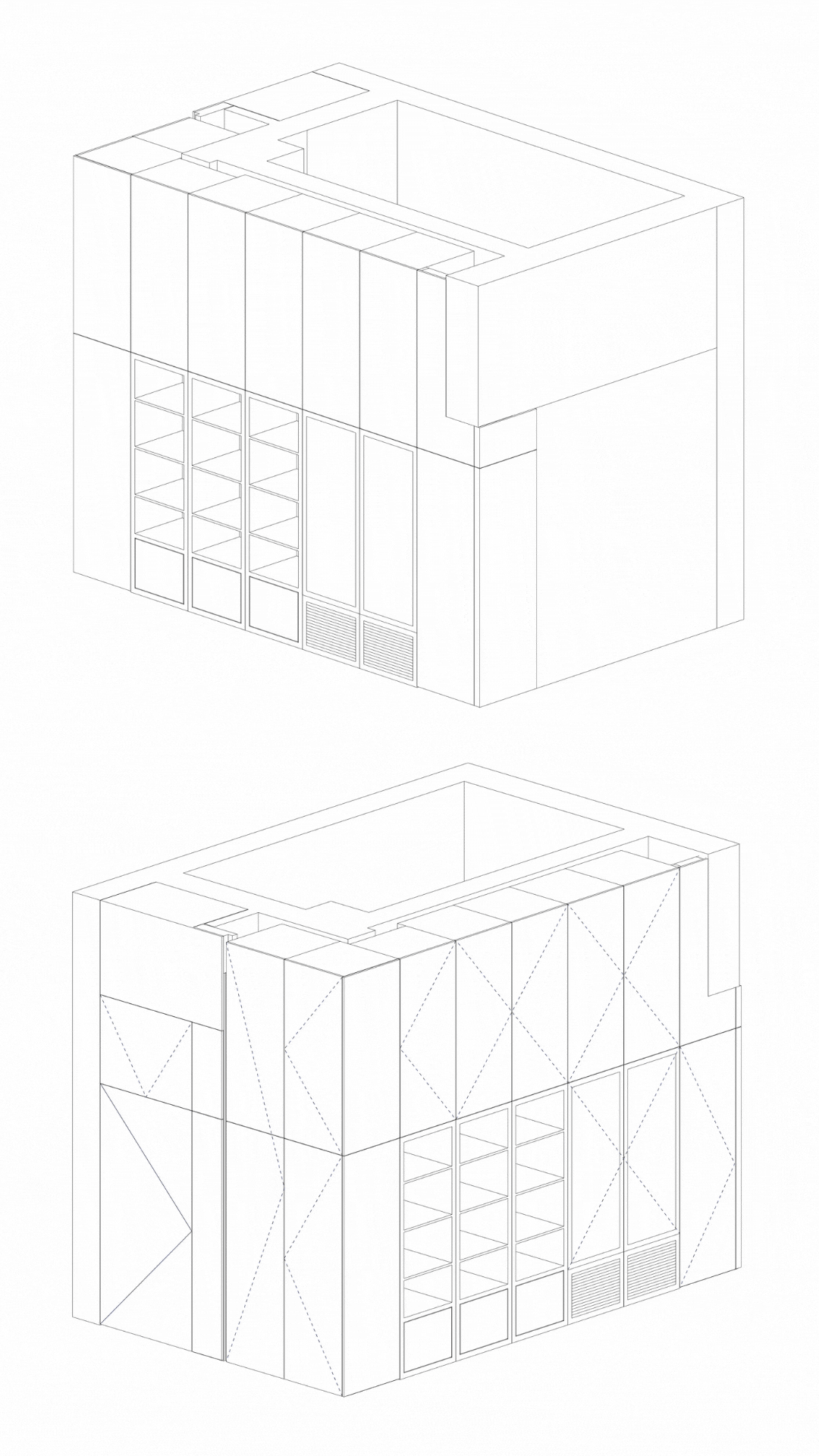 Line drawing of a modern multi-story building's exterior with large windows, some detailing, and a flat roof.