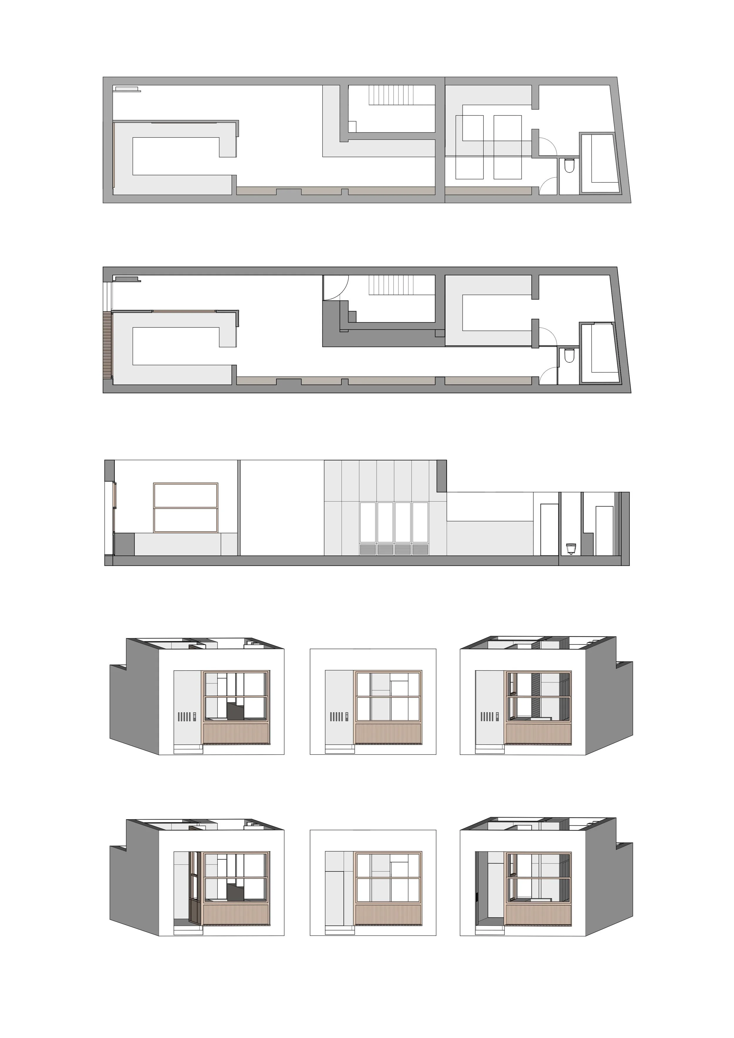 Architectural plans and elevations of a modern residential building, showing floor layouts, section views, and exterior facades in black, white, and gray with wooden accents.
