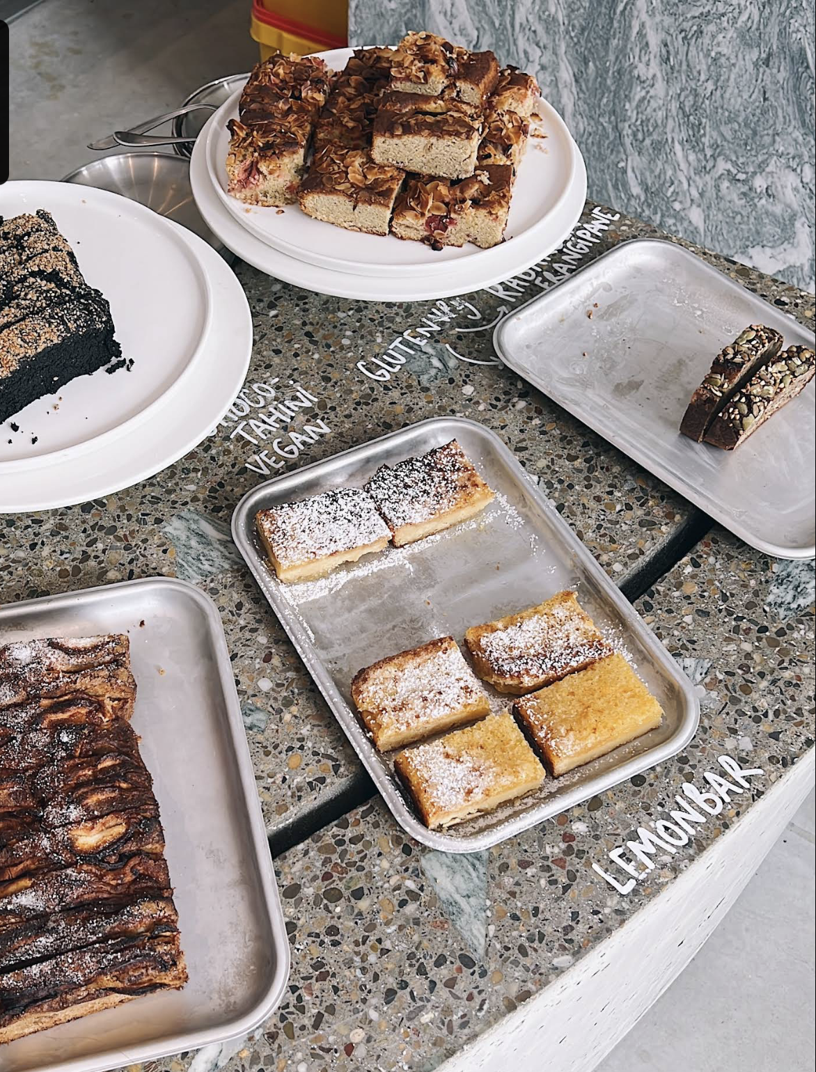 Various baked desserts on trays and plates, including lemon bars dusted with powdered sugar, chocolate dessert, and blondies topped with nuts, on a speckled countertop.