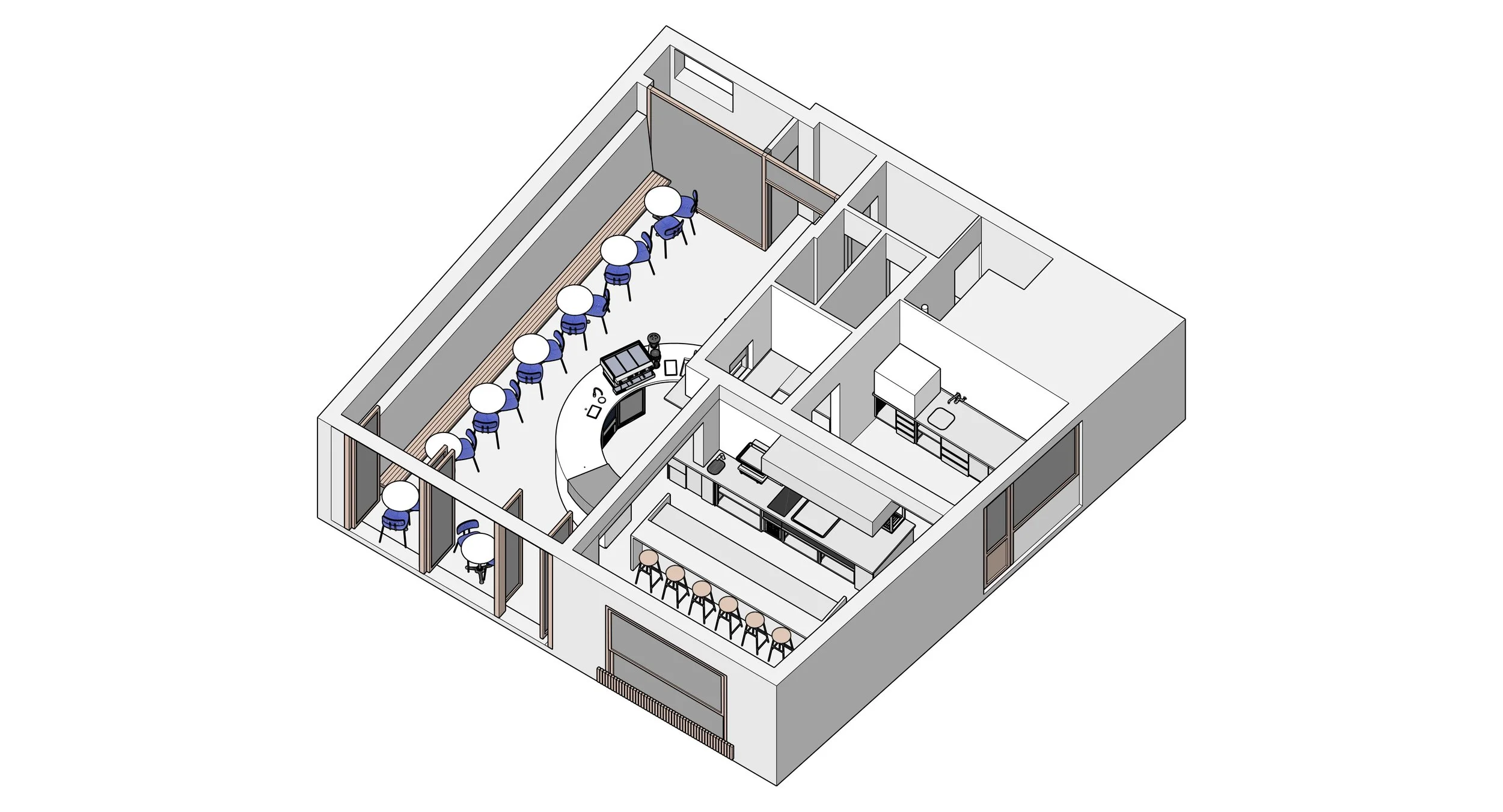 3D floor plan of an open-concept kitchen and dining area with a bar counter and island, along with a row of high chairs, and a separate room with a table and chairs.