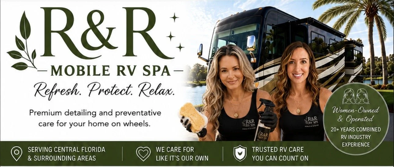 Two women in black tank tops with R&R Mobile RV Spa logos standing in front of a black and gold RV. One woman holds a sponge, the other holds a spray bottle. There is a water body and palm trees in the background, along with text advertising R&R Mobile RV Spa and its services.