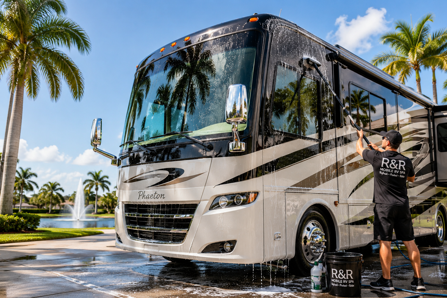 A man washing a large, black and white recreational vehicle (RV) with a pressure washer on a sunny day in a park-like setting with palm trees and a fountain.