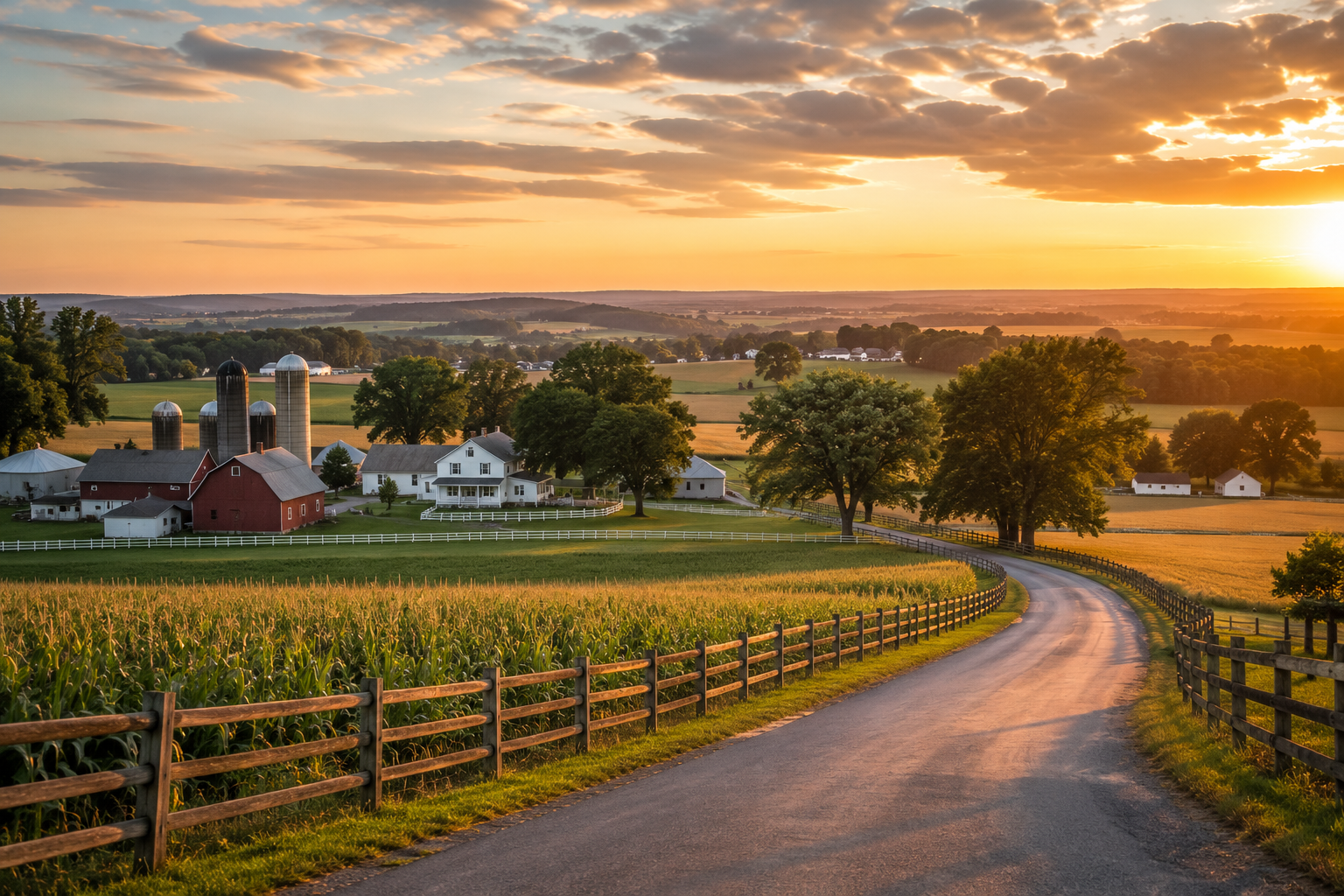 Sunset over a rural farm landscape with a winding road, fields of corn, farmhouses, silos, and trees.