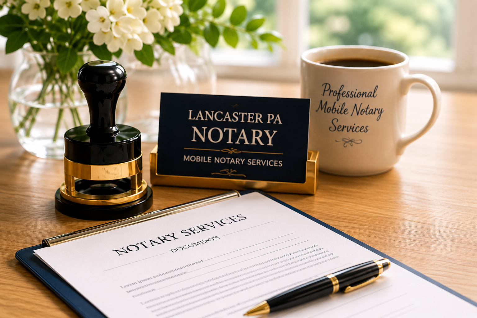 Business scene with a notary stamp, signature pen, notary services sign, open notary documents on clipboard, mug with 'Professional Mobile Notary Services' text, and a flower vase on a wooden table.