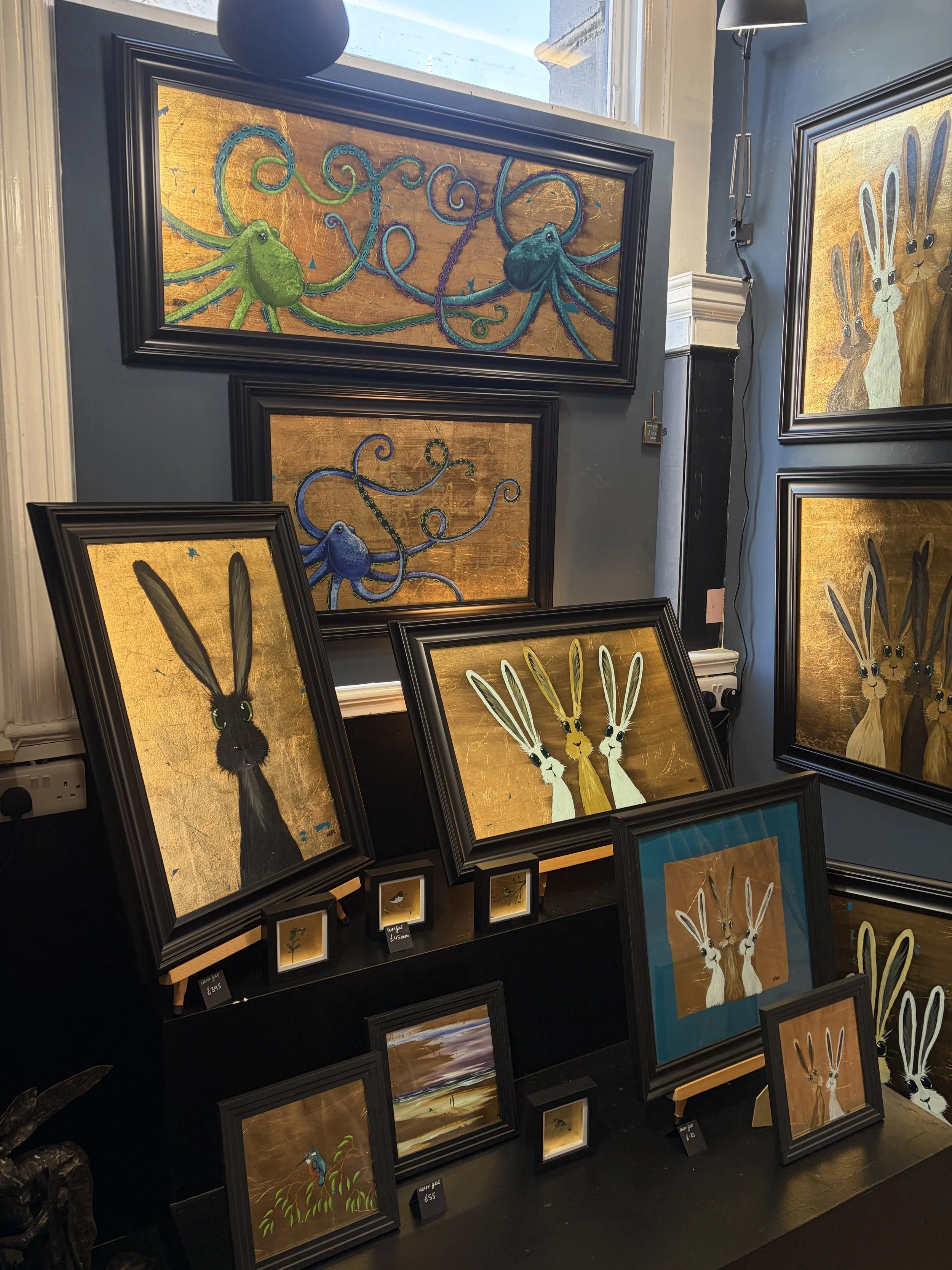 Collection of original hand-painted Hareloom animal artworks on gold leaf