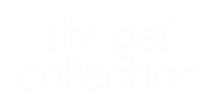 Text on a black, glittery background reads 'the gel collection' in white lowercase letters.