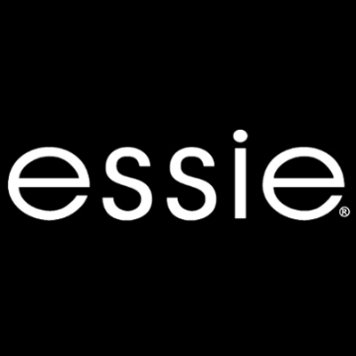 Close-up of the Essie logo in white font on a black background.