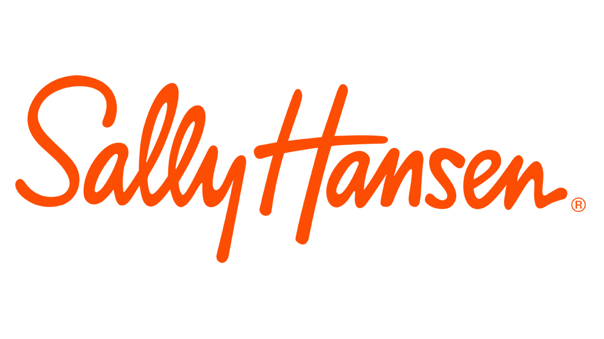 The logo of Sally Hansen in orange cursive text on a black background.