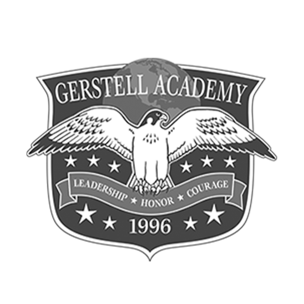 Logo of Gerstell Academy featuring an eagle with outstretched wings, a globe in the background, and the school year 1996, with the words "Leadership," "Honor," and "Courage."