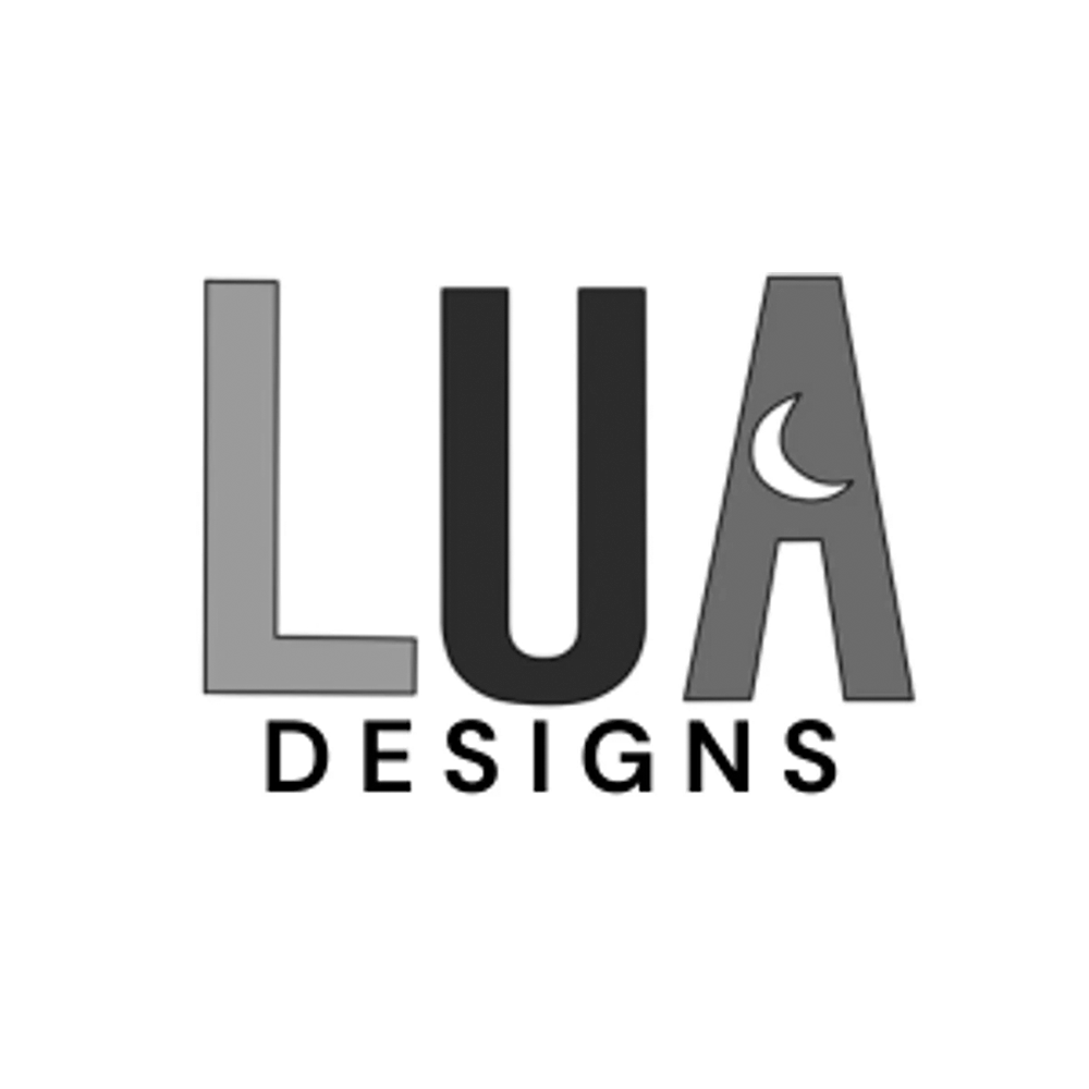Logo for LUA Designs, featuring the name in large, stylized letters with a crescent moon on the letter A, in black, gray, and white colors.