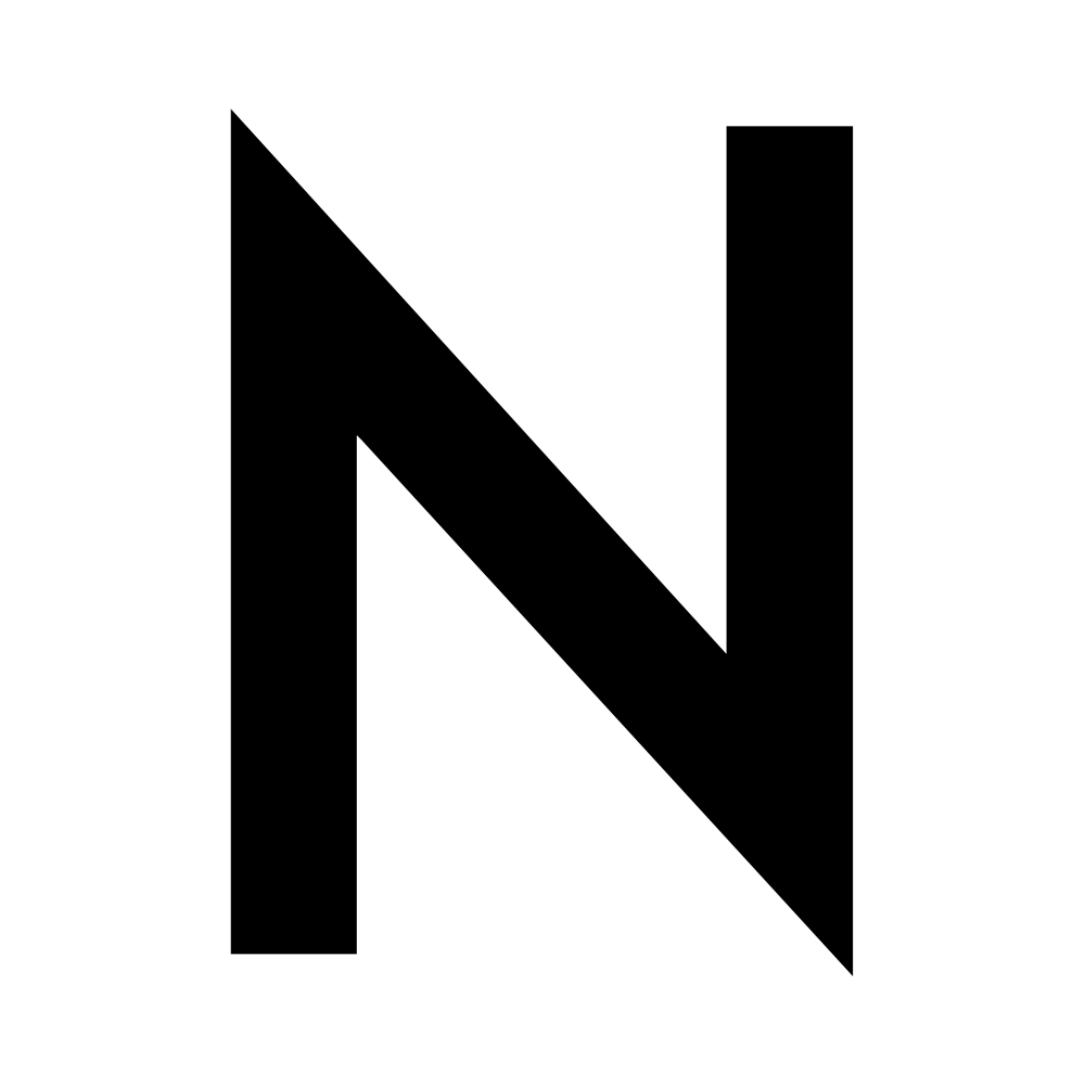 Black letter N on a white background, stylized with a diagonal slash.