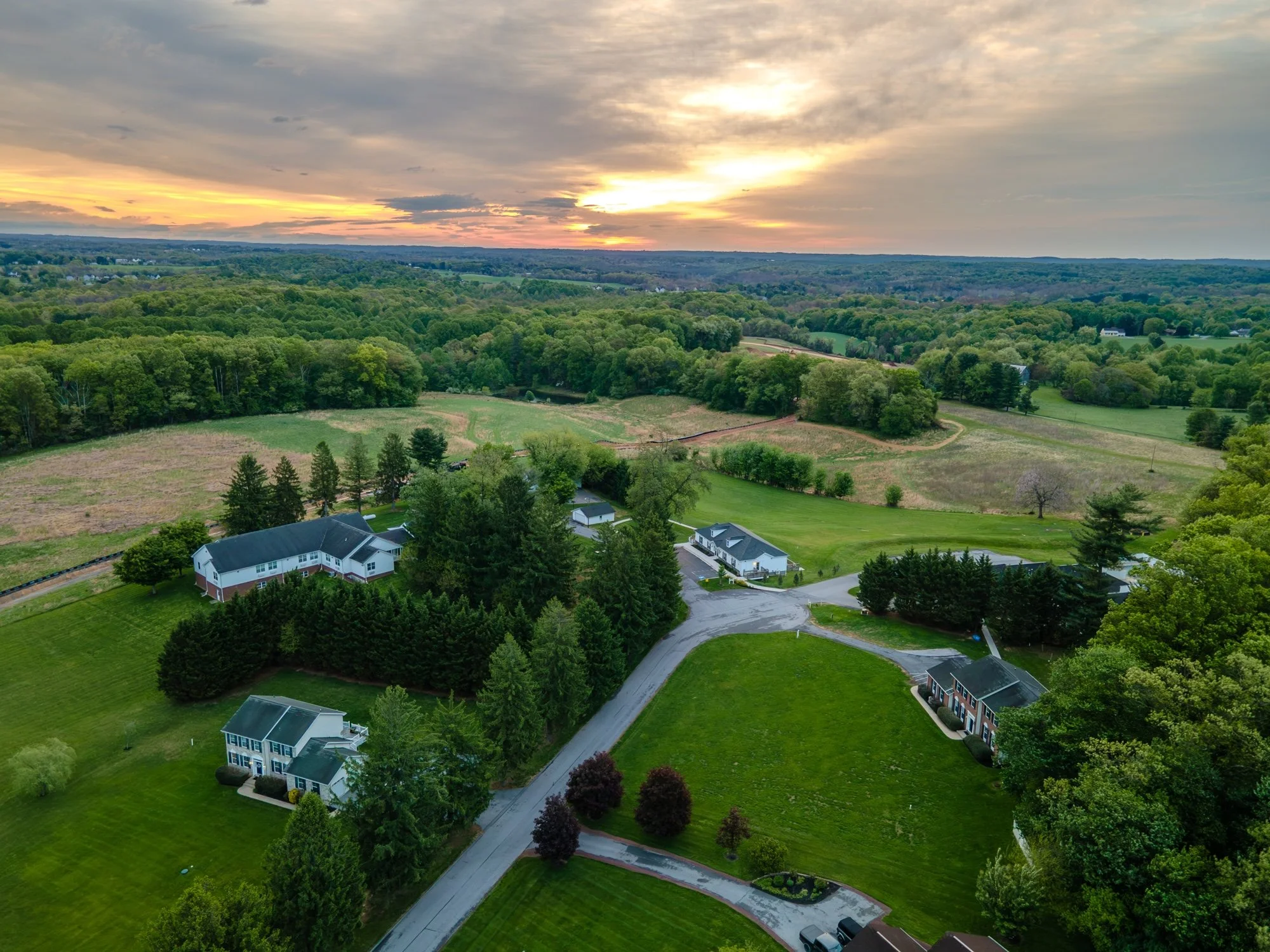 Aerial view of a suburban neighborhood with multiple houses surrounded by lush green trees and open grassy fields, under a partly cloudy sky during sunset.