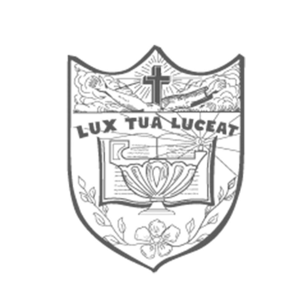 A black and white emblem or shield featuring a cross at the top, an open book with a chalice in front of it, surrounded by laurel leaves, with the Latin phrase 'LUX TUA LUCET'.