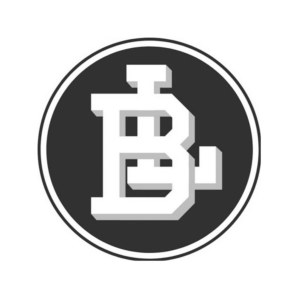 Black and white circular logo with stylized text 'B' in pixelated font.