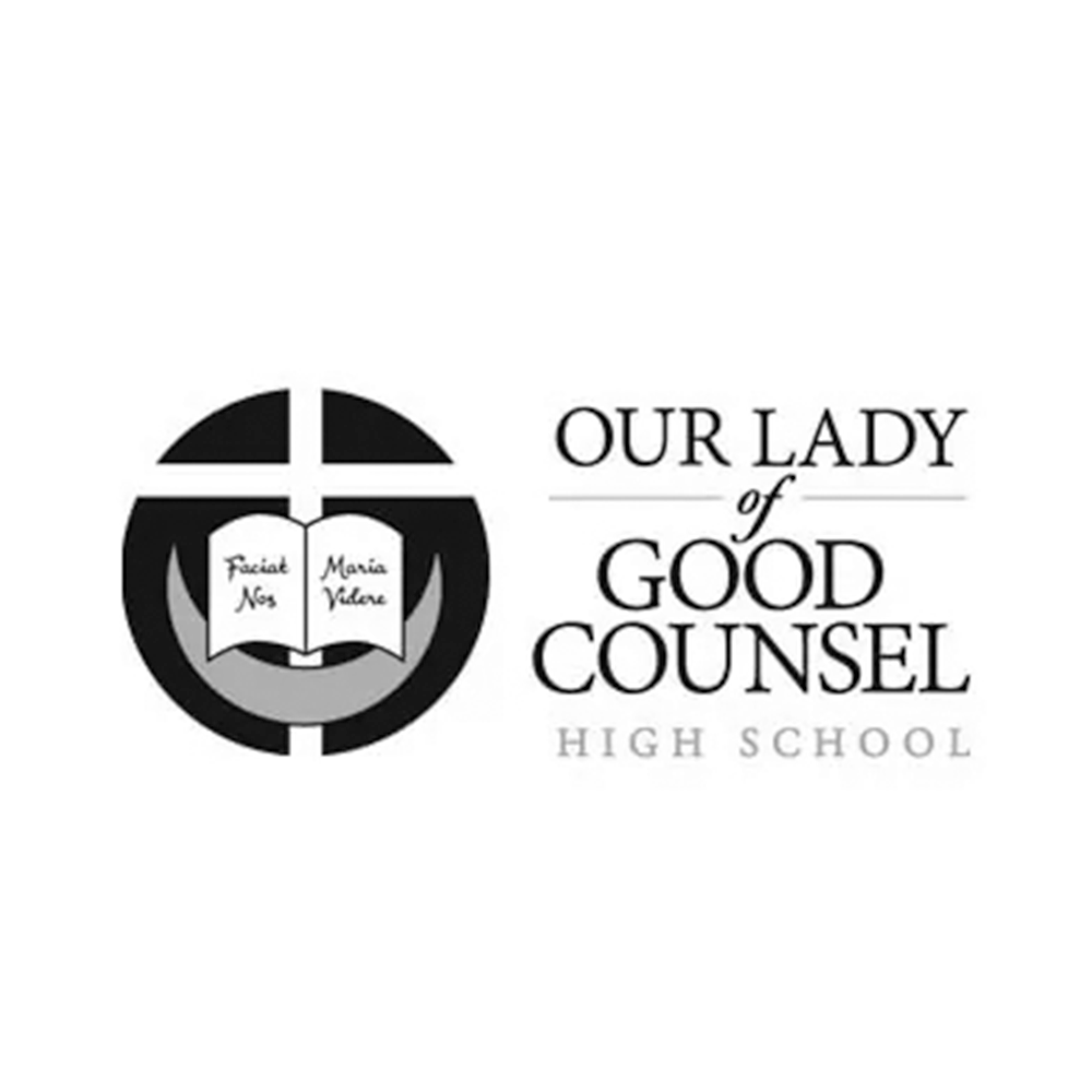 Logo of Our Lady of Good Counsel High School, featuring a stylized cross, an open book with the names 'Facial Nos' and 'Maria Videore' written inside, and the school name in text.