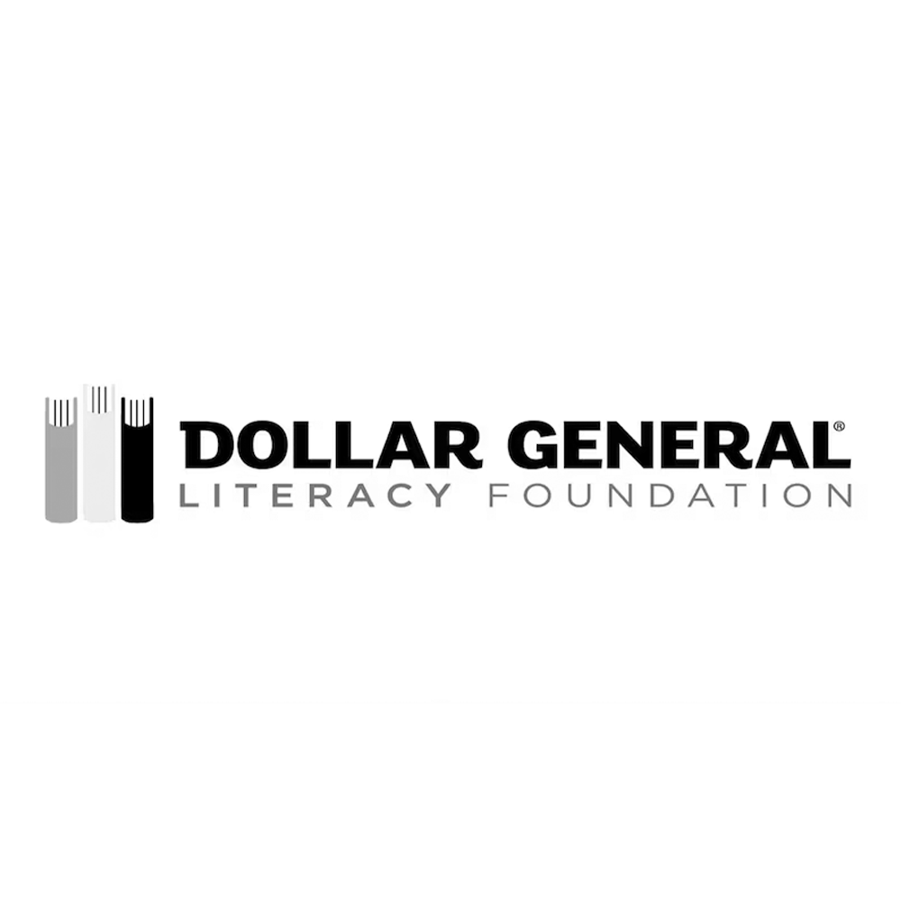 Logo of Dollar General Literacy Foundation featuring three stylized books and text
