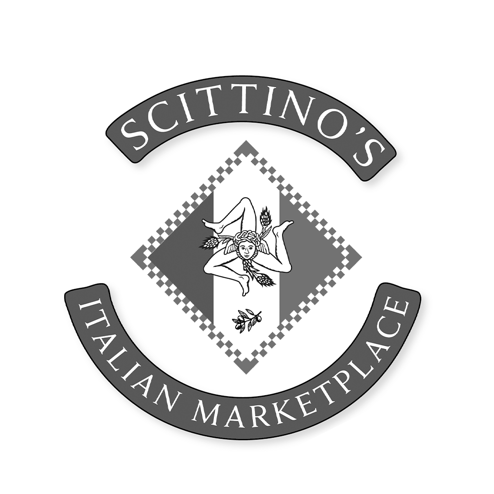 Black and white emblem featuring a dancing female figure with laurel leaves in her hair, above a shield with a vertical stripe and diamonds, surrounded by a curved banner reading 'Scitto's Italian Marketplace'.