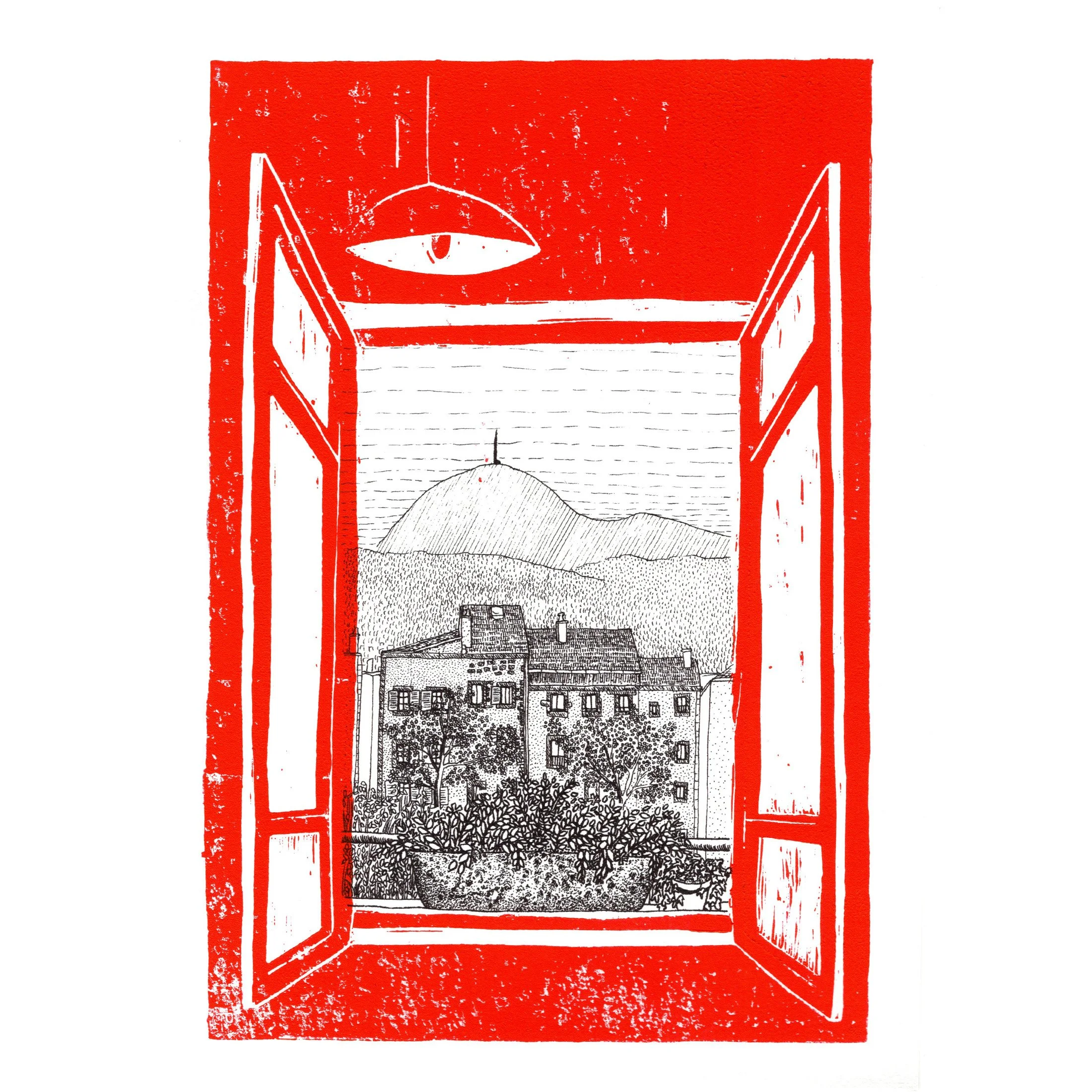 La fenêtre de la place du Mazet, linogravure en édition limitée
