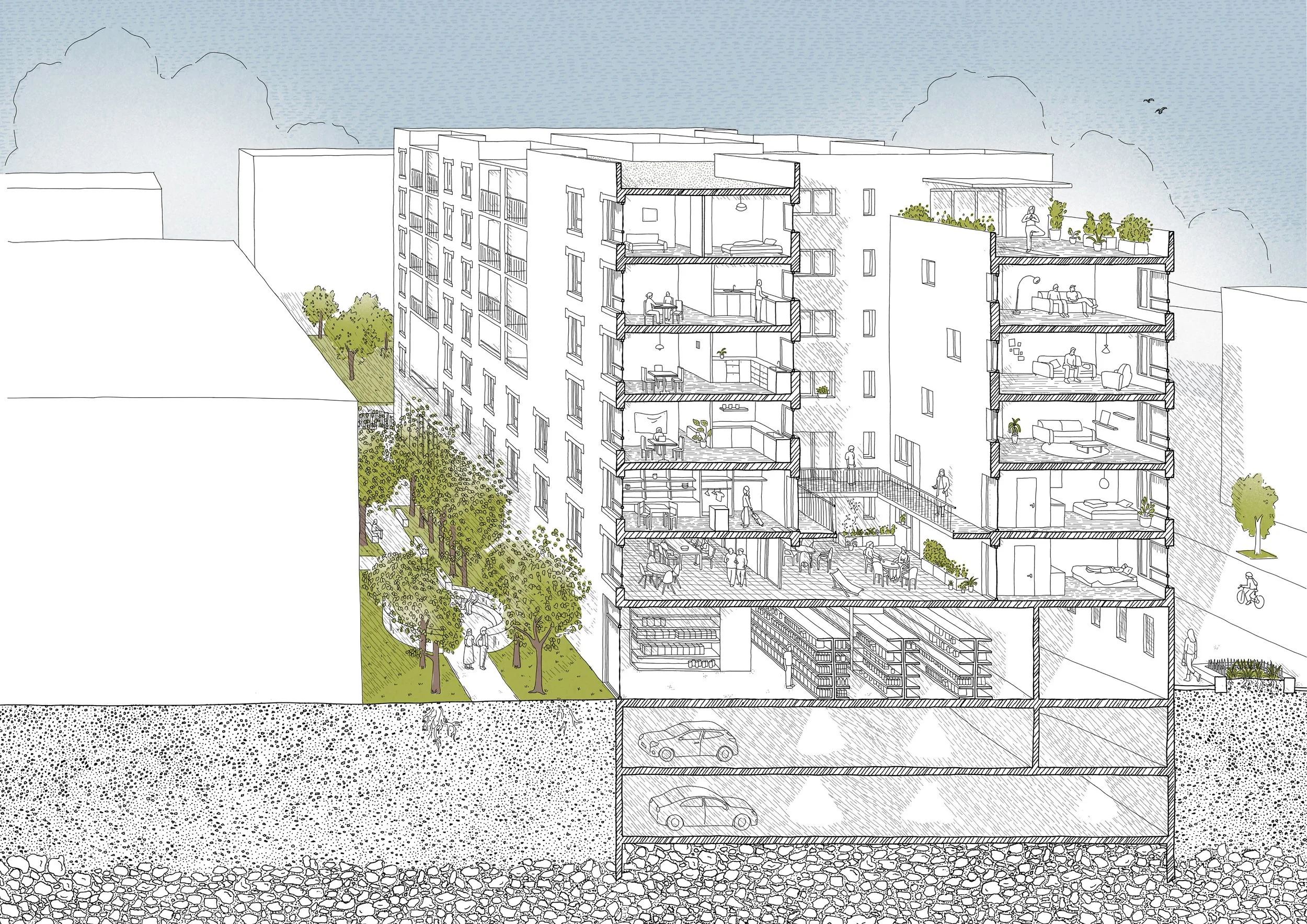 Logements collectifs, la coupe perspective de concours