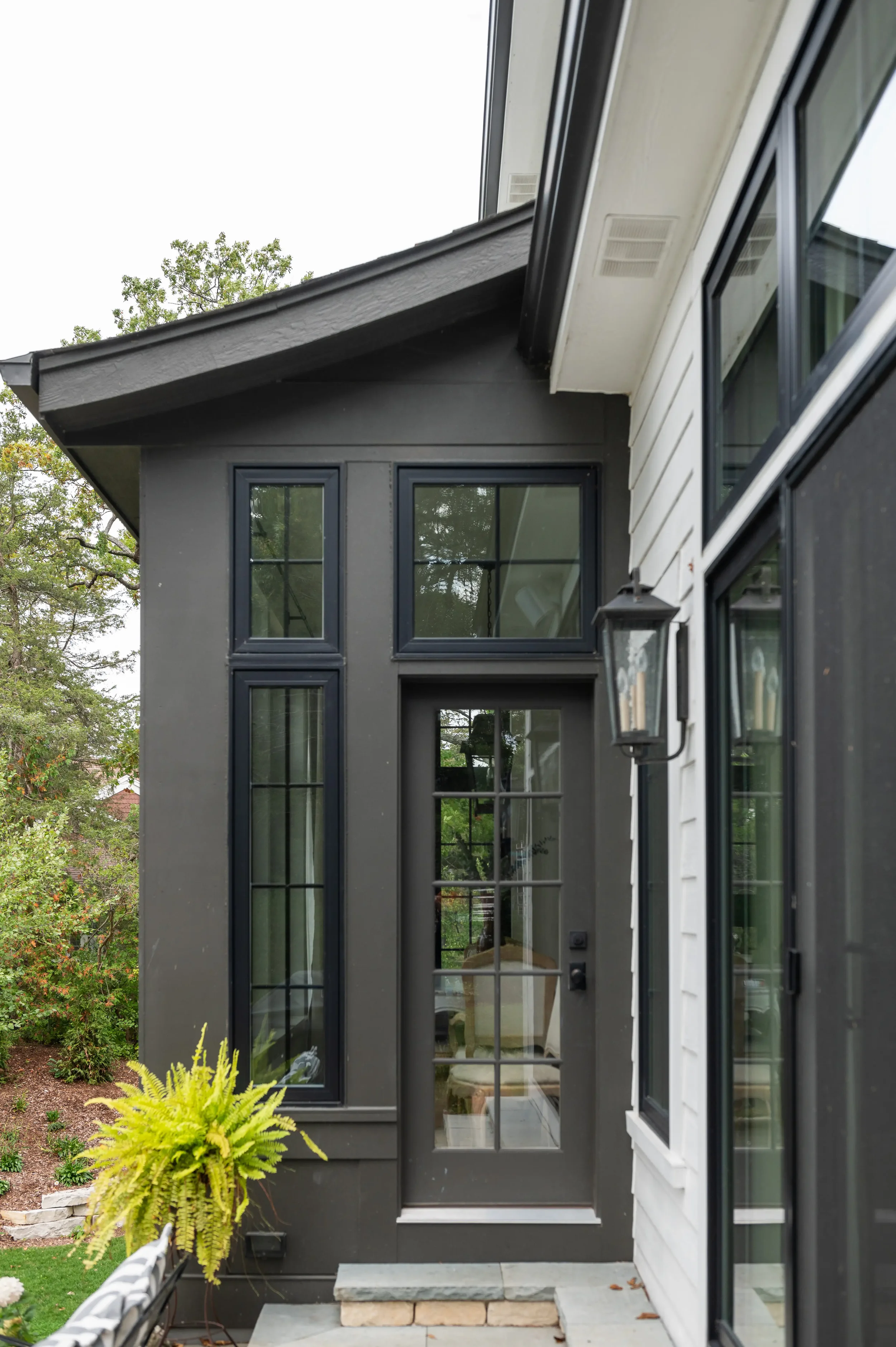 Modern dark gray home exterior with black-framed windows, glass door, covered entry, and fern landscaping