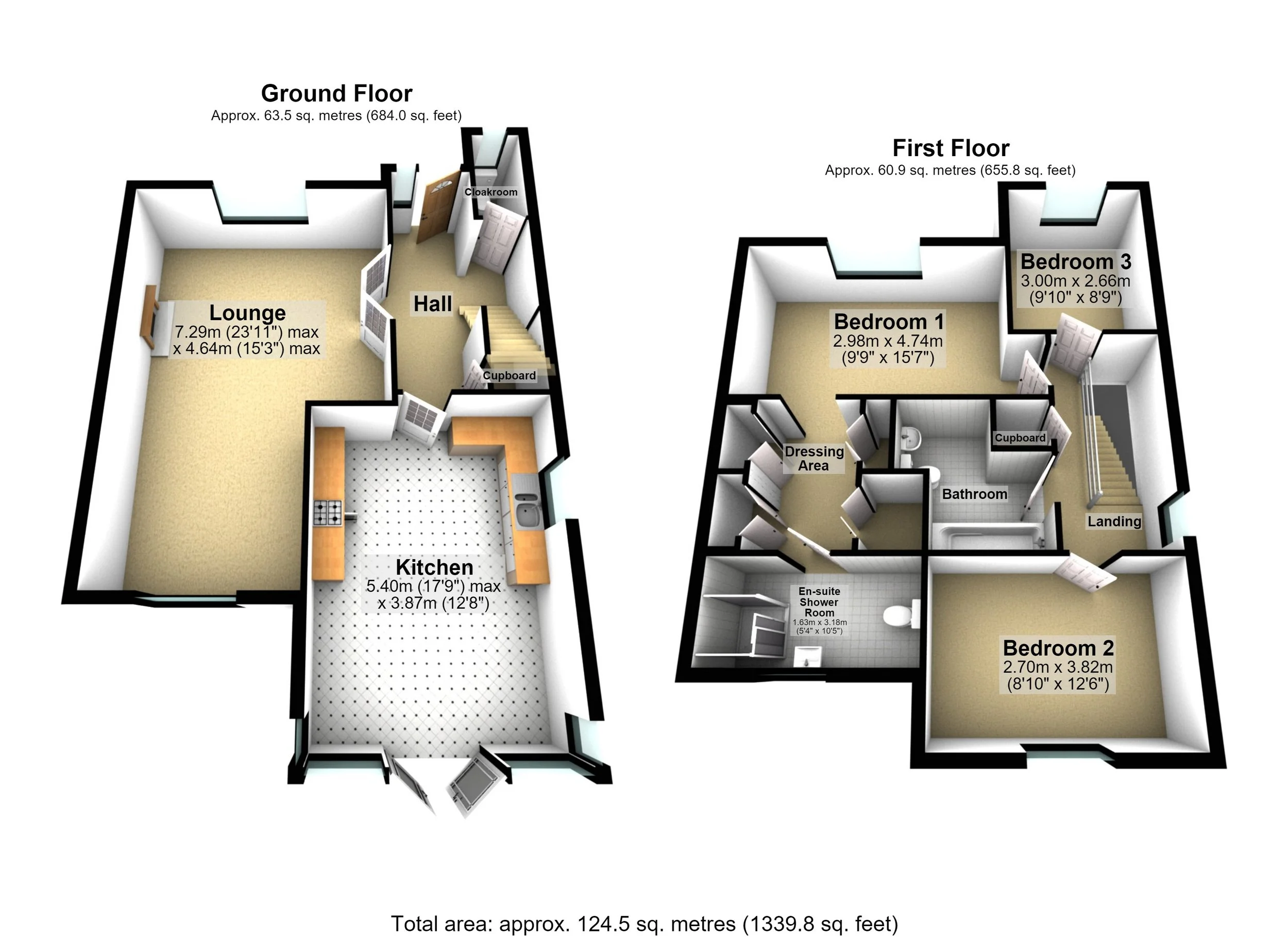 Floor plan of a two-story house, with dimensions and room labels including lounge, kitchen, bedrooms, bathrooms, and staircases.