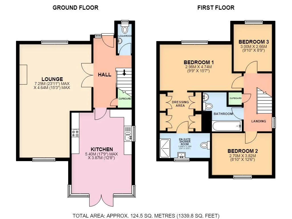 Floor plan of a two-story house, showing ground floor with a lounge, hall, cloakroom, and kitchen, and first floor with three bedrooms, a bathroom, dressing area, and en-suite shower room.