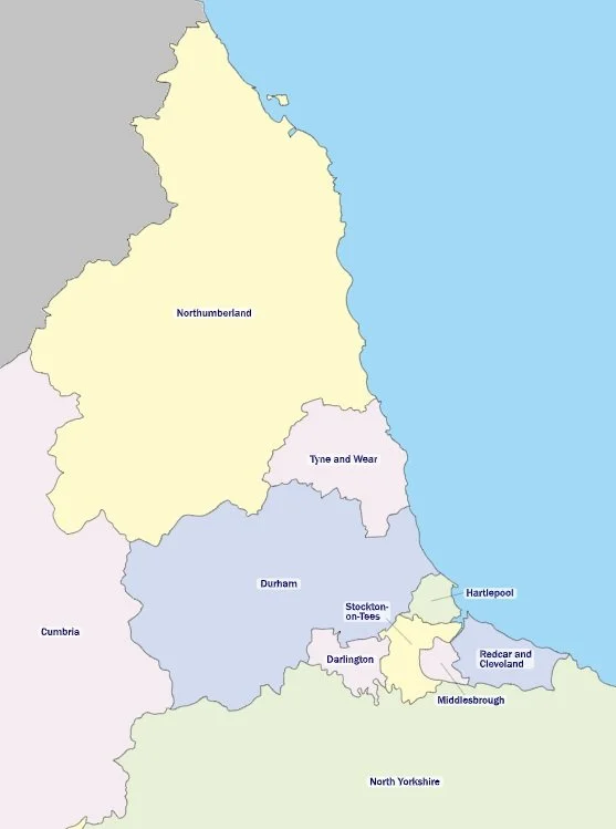 Map of North East England showing regions such as Northumberland, Tyne and Wear, Durham, Sunderland, Hartlepool, Darlington, Stockton-on-Tees, Middlesbrough, Redcar and Cleveland, North Yorkshire, and Cumbria.