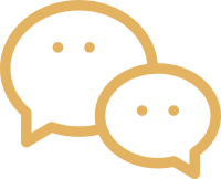 Two overlapping speech bubbles, one slightly above the other, both outlined in gold with dots representing text inside.