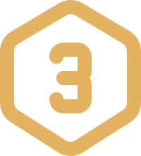 Number three inside a hexagon shape with a black background and gold border.