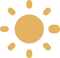 Stylized sun icon with a circular center and radiating oval shapes on a white background.