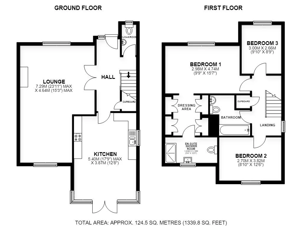 A two-story house floor plan showing a ground floor with a lounge, kitchen, hall, cloakroom, and cupboard, and a first floor with three bedrooms, a bathroom, en-suite shower room, dressing area, landing, and additional cupboards.